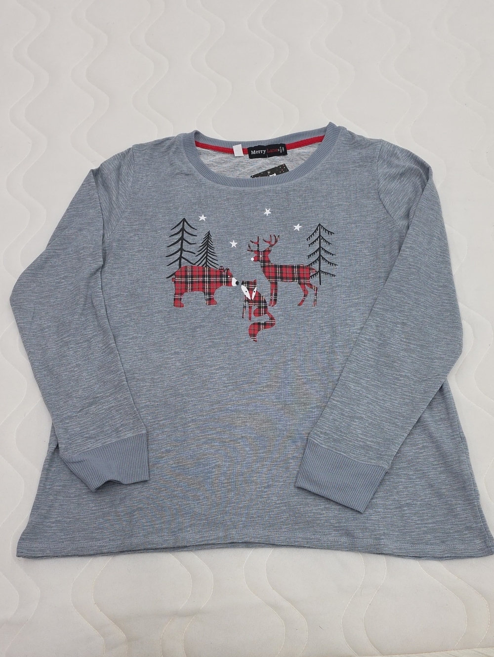 NWT Merry Lane Grey Long-Sleeve Top with Red Plaid Woodland Print